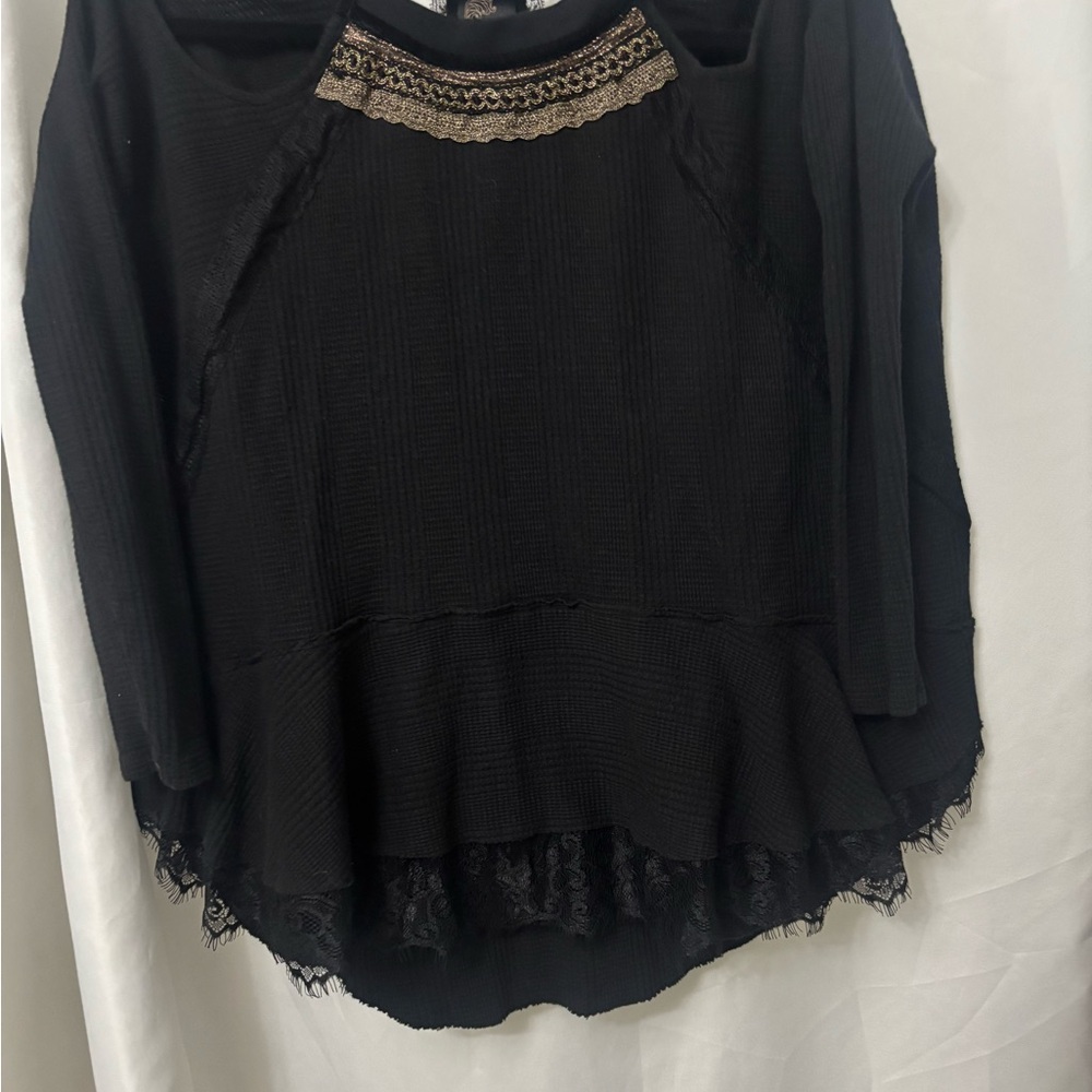 Free People New Romantics Black Blouse with Lace Detail